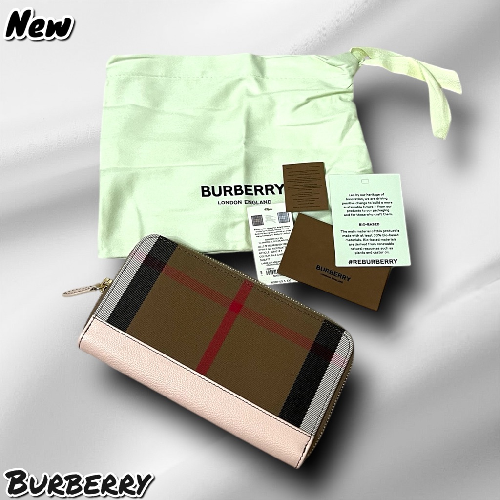 New Nwt Burberry Large Check Zip Around Leather Canvas Wallet Pale Cameo